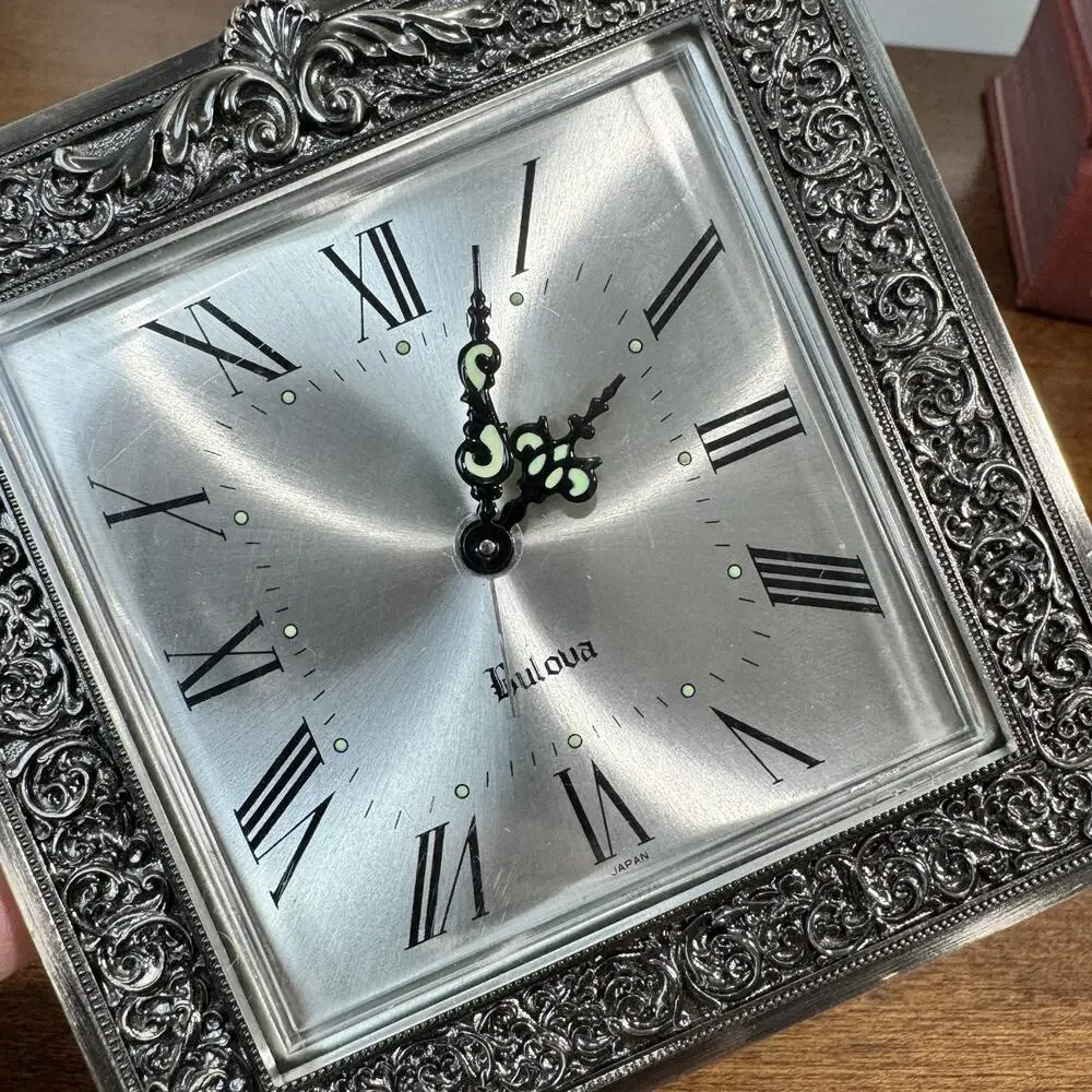 Vintage Bulova Desk Mantel Shelf Clock Ornate Silver Tone Roman Numerals Quartz